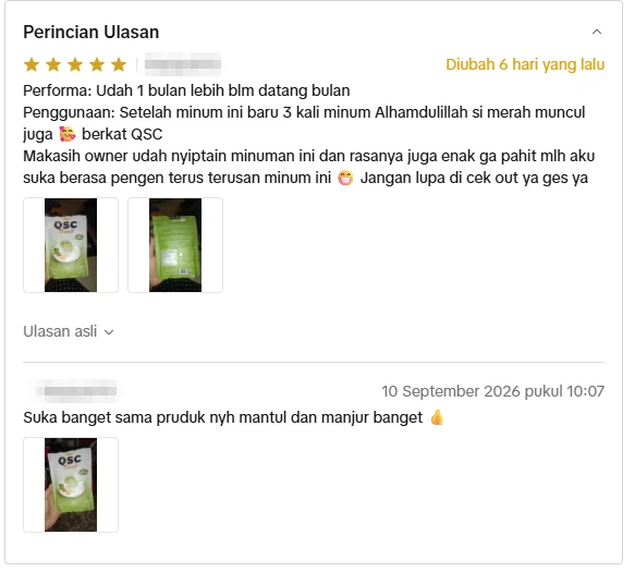 Screenshot ulasan asli dari Shopee Indonesia, nama pembeli disamarkan