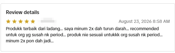 Screenshot ulasan asli dari Shopee Malaysia, nama pembeli disamarkan