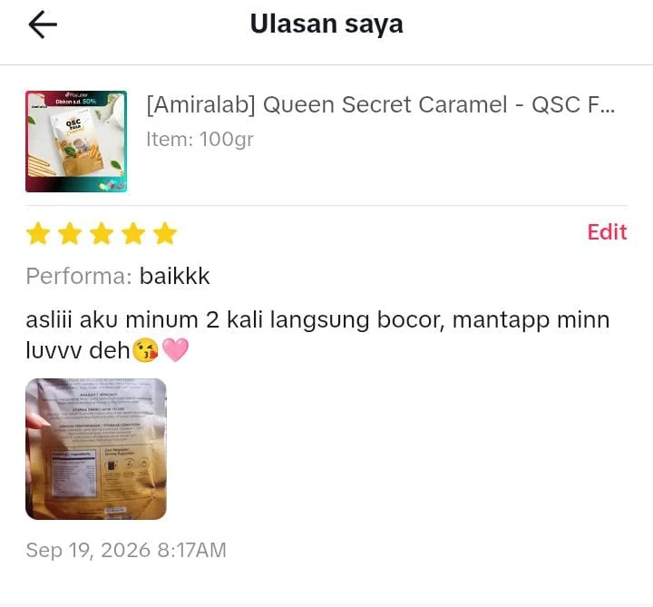 Screenshot ulasan asli dari TikTok Shop, nama pembeli disamarkan