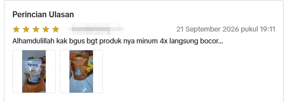 Screenshot ulasan asli dari Shopee Indonesia, nama pembeli disamarkan