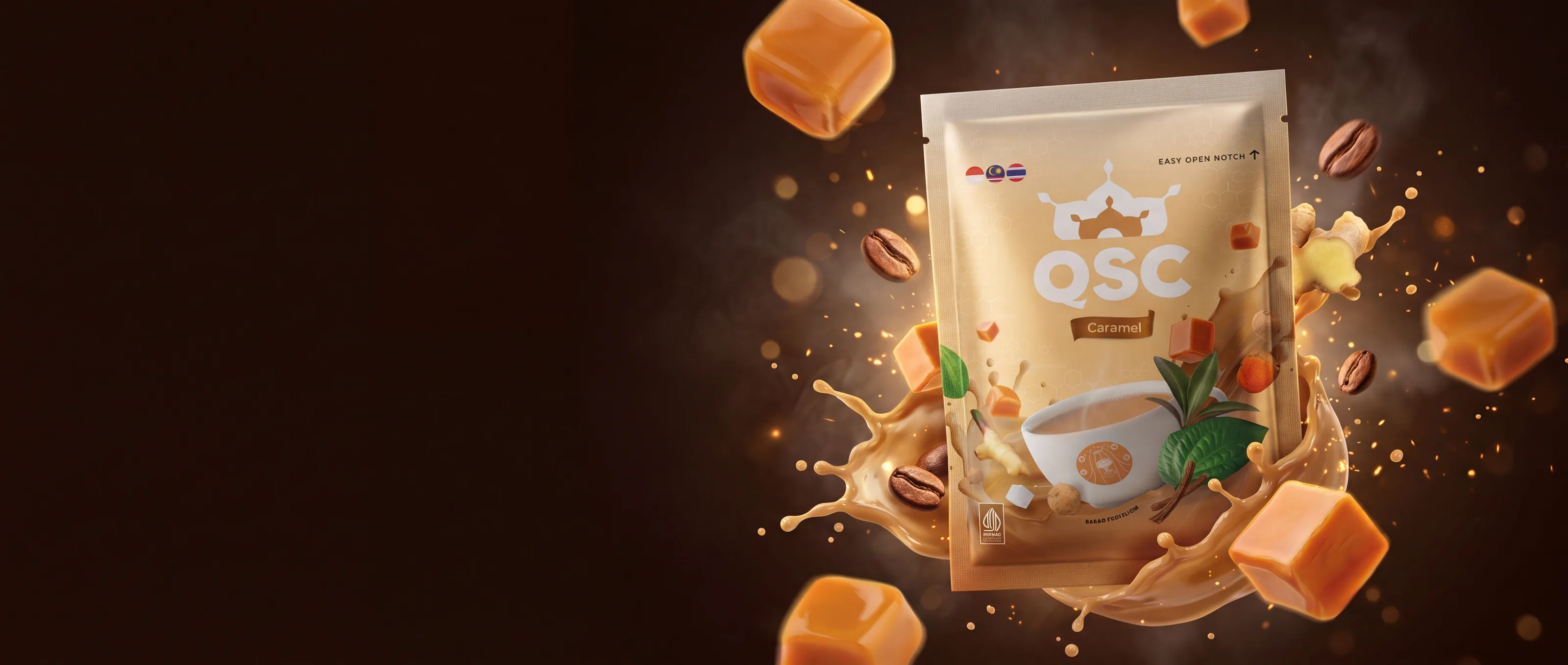Kemasan QSC Caramel melayang di antara karamel dan biji kopi